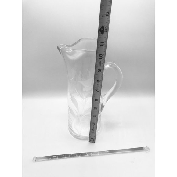 Vintage etched floral and butterflies hand blown cocktail pitcher with mixer. - Picture 6 of 12